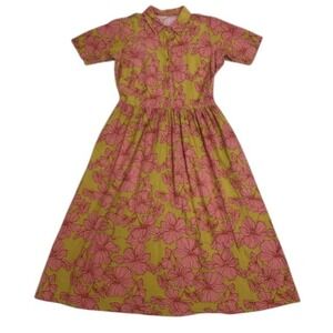 Downeast Floral Midi Dress‎ Button Down Short Sleeve Green Pink Cottagecore Sz M